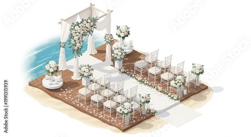 Isometric vector illustration showing a wedding setup with white chairs and floral arrangements on a platform with a white aisle runner, under a draped arch, conveying a serene and romantic