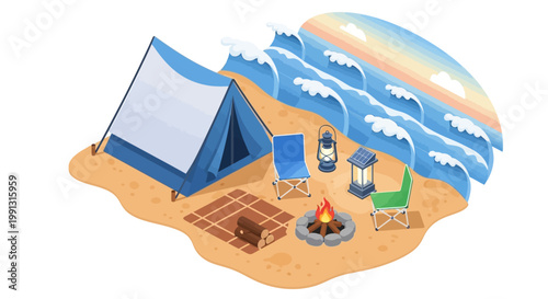 Isometric vector illustration of a blue tent pitched on a sandy beach next to crashing waves, accompanied by camping chairs, lanterns, and a crackling campfire, creating a tranquil
