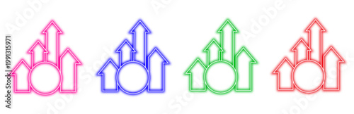 Set of colorful neon arrow icons featuring multiple upward pointing arrows behind a central circle representing growth success progress and financial development isolated on white.