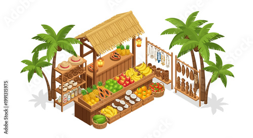 Isometric vector illustration of a tropical fruit stand with a thatched roof, displaying various colorful fruits and goods, set against a white background with palm trees