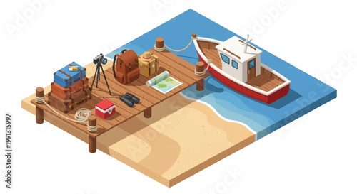 Isometric illustration showcases travel gear and luggage stacked on a wooden dock next to a boat, complete with a camera, map, and binoculars, set against a blue sea and sandy beach