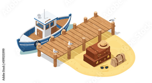 Isometric vector illustration of a blue and white boat docked next to a wooden pier on a sandy beach, with a suitcase, hat, bag, and sunglasses arranged in a bright, summery scene
