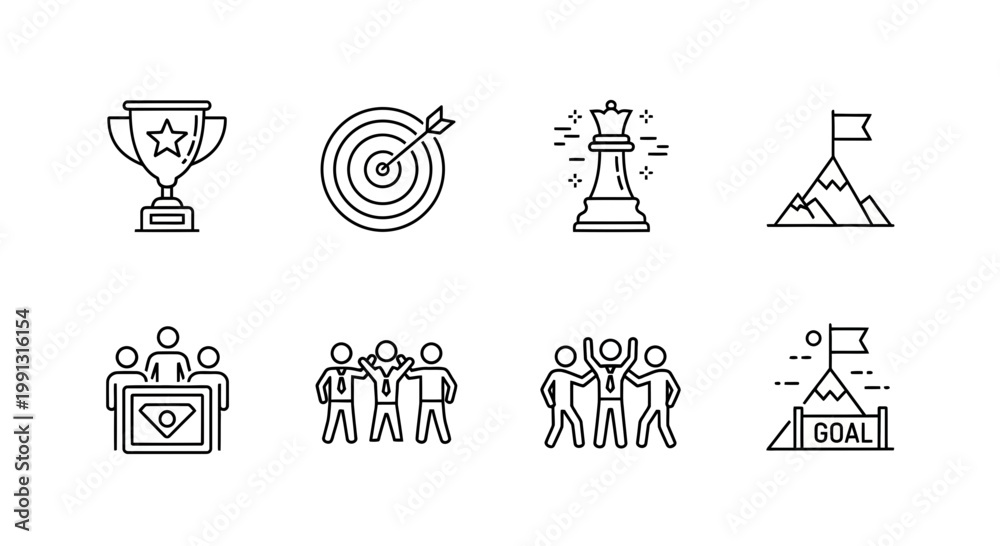 Fototapeta premium Business Success Icons: Trophy, Target, Chess King, Mountain Peak, Teamwork, Goal Achievement