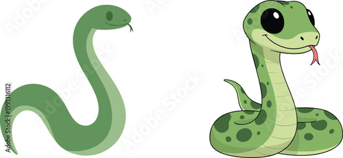 Cute snake cartoon character collection with simple and detailed styles green reptile vector illustration set isolated on light background