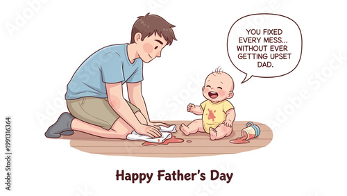 A Father's Tender Moments: A heartwarming illustration of a father cheerfully cleans up the mess for his little one, conveying the essence of paternal love and care.