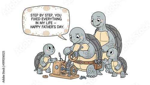 Happy Father's Day Turtle Family: An heartwarming illustration of a turtle family, the father figures fixing a machine, symbolizing the unwavering support and guidance of a father figure.