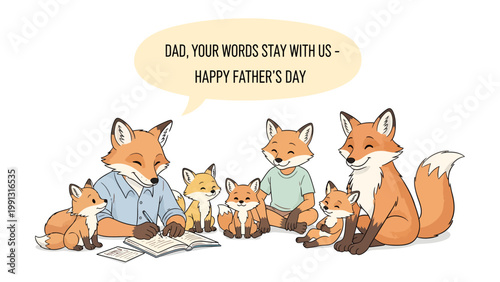 Father's Day Fox Family: A heartwarming illustration showcases a loving fox family, celebrating Father's Day, with the father fox sharing words of wisdom. A scene of warmth, familial connection.
