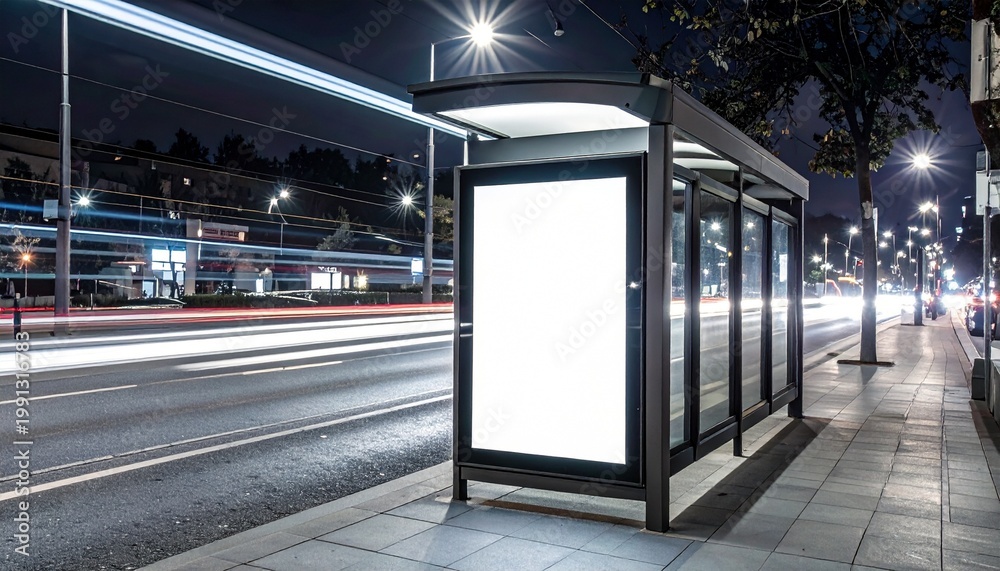 Fototapeta premium A bus stop shelter stands empty on a city sidewalk at nighttime.