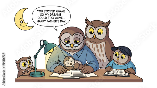 Father's Day Owl Family: A heartwarming illustration features a family of owls gathered around a desk, a tender tribute to Father's Day, celebrating the unwavering love and care of a father. 