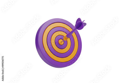 3d icon of a purple and orange striped dartboard with a dart hitting the bullseye, isolated on transparent background