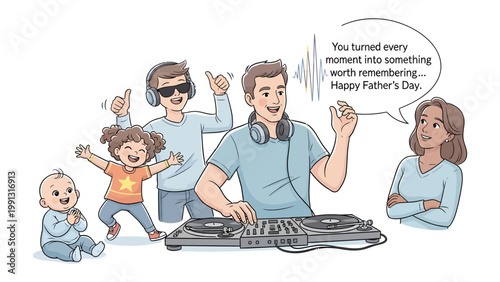 Father's Day DJ Celebration: A graphic resource showing a father, center, DJing at a party as his family watches on in adoration and praise.