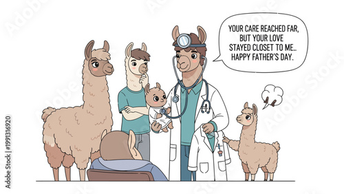 Father's Day with Alpaca Doctor: An illustrated scene of a medical checkup, where a kind alpaca doctor uses a stethoscope to examine a baby alpaca. The alpaca family is united.