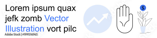 Business development, financial growth, sustainability, investments, eco-friendly strategy, data trends. Upward arrow graph, open hand and plant with a dollar sign. Financial growth
