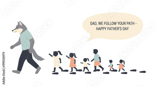 A Wolf-like Father's Day: A unique and heartwarming illustrated scene depicts a wolf-like figure leading a group of children, symbolizing a father's guidance and love. Emphasizing family.