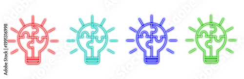 Set of neon light bulb icons made from jigsaw puzzle pieces representing creative ideas and problem solving solutions in various colors for business and technology design projects.