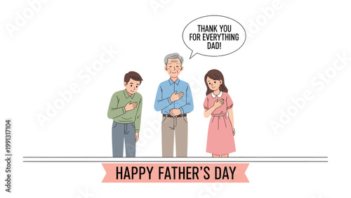 Father's Day Dedication: A heartfelt illustration of a family, expressing gratitude with hands on their hearts, for the loving figure in their lives.