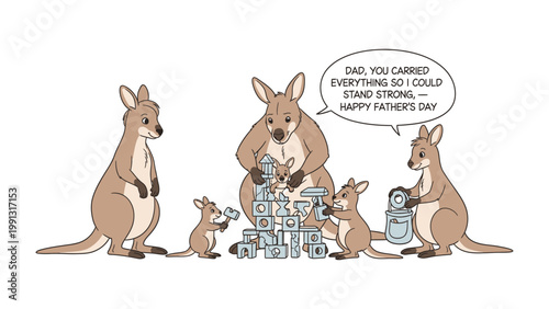 Kangaroo Family Father's Day: A heart warming cartoon illustration depicting a kangaroo family celebrating Father's Day, with a message of appreciation and gratitude.