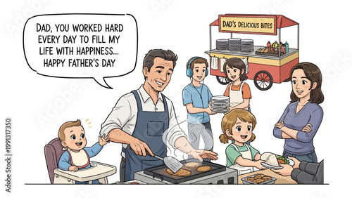 Father's Day Feast: A heartwarming family scene where a father joyfully prepares a meal while his children and spouse offer support. A loving tribute to fatherhood and family bonds.