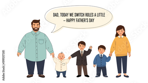 Father's Day Role Reversal: A heartwarming family portrait of a father and mother with their children exchanging roles on Father's Day, illustrating the special bond.