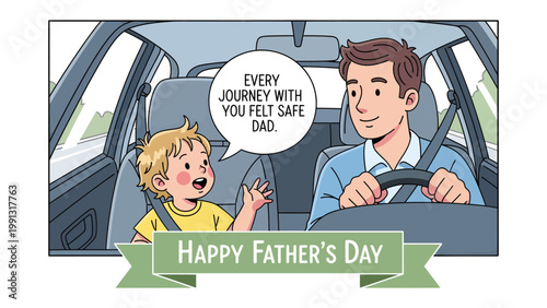 Road Trip Reflections: A heart warming Father's Day scene unfolds as a father and child share a tender moment during a car journey, symbolizing safety, trust, and cherished family bonds.