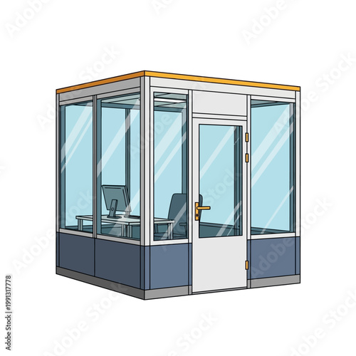Modern glass office pod with computer and chair, minimalist workspace design