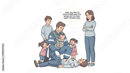 Father's Day Dedication: A heroic figure tends to a father in need, while children and a mother watch on, in an emotional scene highlighting family and selflessness.
