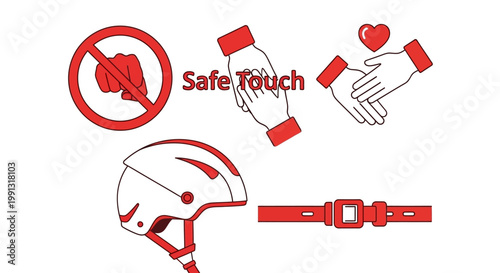 Safety and Protection Concept Icons Featuring Safe Touch Helmet and Seatbelt Symbols.
