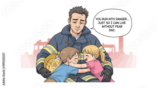 Courage and Love: A firefighter embraces his children, with a speech bubble showing words of appreciation from his kid. This drawing embodies courage and the devotion of a parent.
