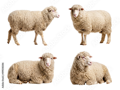 Tableau sur toile Four domestic sheep displaying varied natural poses, including standing and resting