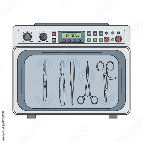 Sterilization Machine with Surgical Instruments, Digital Timer, and Control Panel