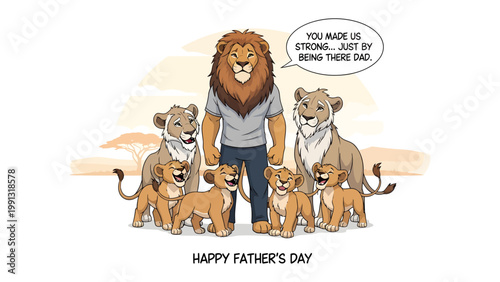 Lion's Father's Day: A heartwarming depiction celebrates Father's Day, featuring a lion family. This illustration conveys the themes of paternal love, strength.
