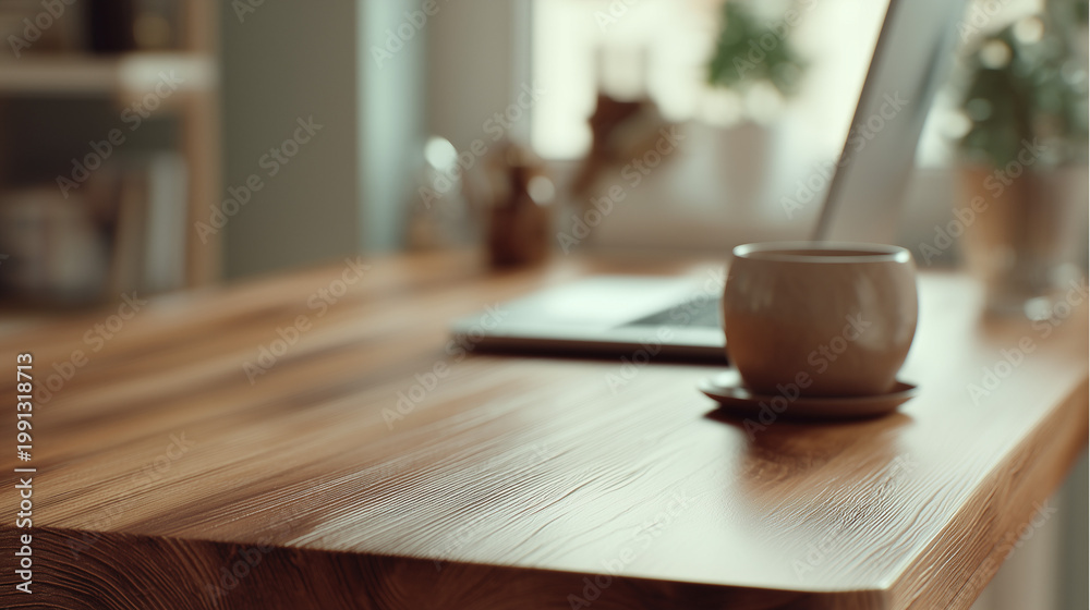 Fototapeta premium Cozy work desk with laptop and coffee cup ready to work