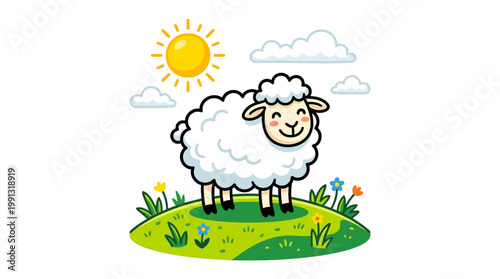 Smiling Sheep Standing on Green Hill.