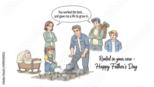 Father's Day Dedication: An illustration with a father figure tending to a small garden. The picture illustrates a father and his family. The theme is Happy Father's day