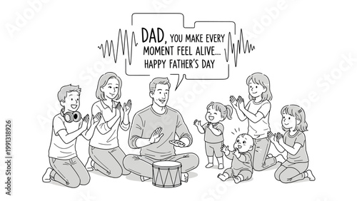 Heartfelt Celebration: A drawing of a family celebrates Father's Day, illustrating the love and appreciation for a dad surrounded by his children, evoking warmth and familial bonds.