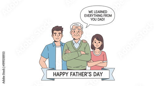 Father's Day Dedication: A heartwarming cartoon illustration celebrating Father's Day, featuring a proud father flanked by his adult child, and daughter. conveying sentiment and paternal appreciation.