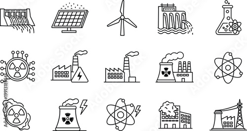 Energy industry icon set with nuclear solar wind power plant symbols vector illustration collection outline design style