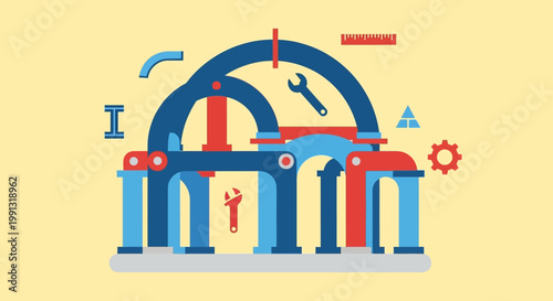 Colorful illustration of industrial tools.