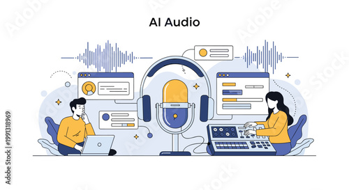 Professional sound engineers use artificial intelligence technology for audio editing and podcast production in a modern studio environment.