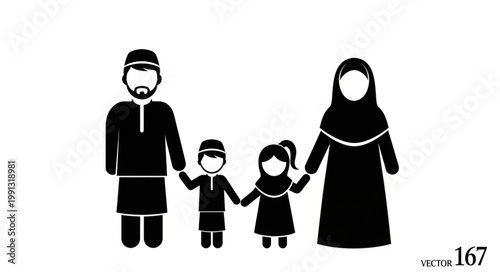 Muslim family holding hands together, illustration of togetherness and love.