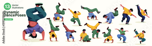 Dynamic Breakdancing Poses Set: 13 Vector Illustrations of Diverse Street Dancers Performing Hip Hop Moves, Handstands, and Acrobatic Freezes in Flat Modern Style for Sports and Youth Culture.