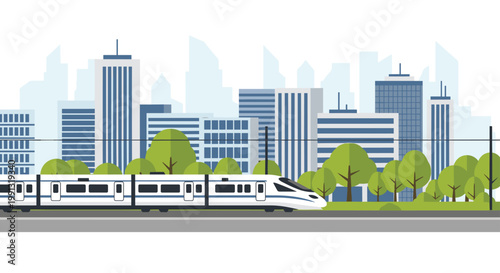 Modern high-speed passenger train traveling through a metropolitan area with tall skyscrapers and green trees under a clear sky.