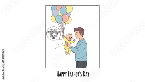 Father's Day Love: A heartwarming illustration captures a father's love as he lifts his child towards a cluster of balloons, symbolizing aspirations and shared joy.