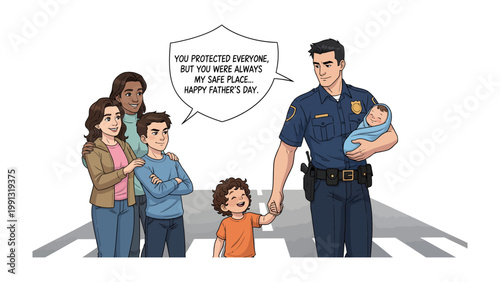 Father's Day Dedication: A tender Father's Day scene unfolds as a police officer, cradling a baby, is greeted by a loving family, celebrating his role as a protector.