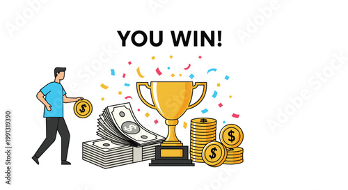 Successful man celebrate winning a large prize with stacks of cash, gold coins, and a shining golden trophy under confetti.