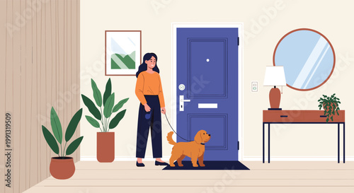 Happy young woman arriving home with her small brown dog after a walk in a cozy and modern apartment interior.