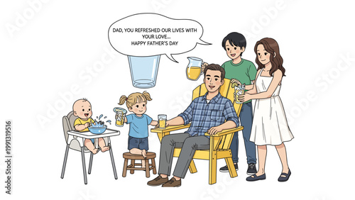 Father's Day Joy: A heartwarming Father's Day scene unfolds, showing a father being celebrated by his family with refreshing drinks and joyful camaraderie. 