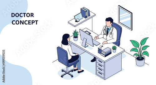 Professional doctor consulting a female patient in a modern medical office with computers, books, and green plants for healthcare.