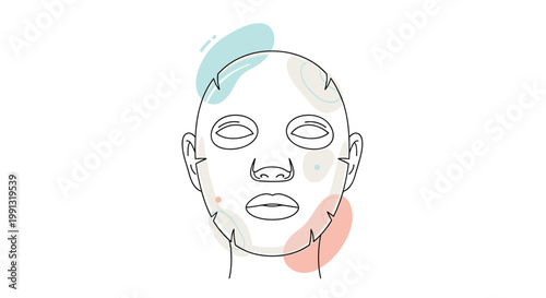 Schematic illustration of a facial sheet mask with targeted treatment zones represented by various colorful spots for skin care.