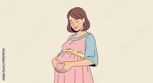 Illustration of a beautiful pregnant woman forming a heart shape with her hands on her belly.